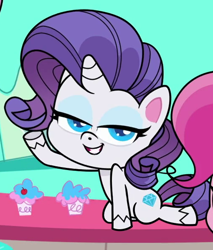 Size: 510x600 | Tagged: safe, imported from derpibooru, screencap, pinkie pie, rarity, earth pony, pony, unicorn, director spike's mockumentary, my little pony: pony life, spoiler:pony life s01e36, cropped, female, g4.5, lidded eyes, looking at you, mare, offscreen character, pony life, seductive, smiling, solo focus