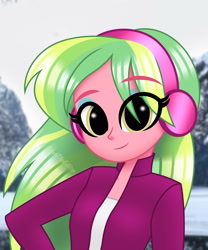 Size: 2500x3000 | Tagged: safe, artist:aryatheeditor, imported from derpibooru, lemon zest, equestria girls, clothes, coat, cute, cute face, digital art, headphones, looking at you, real life background, shadowbolts, smiley face, smiling, smiling at you, solo, winter, winter outfit