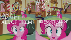 Size: 2000x1125 | Tagged: safe, edit, edited screencap, editor:quoterific, imported from derpibooru, screencap, discord, pinkie pie, draconequus, earth pony, pony, make new friends but keep discord, breaking the fourth wall, eyes closed, he wants all of the cakes, open mouth, surprised