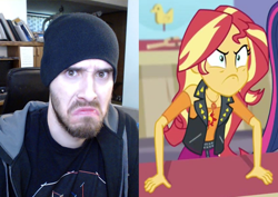 Size: 1528x1080 | Tagged: safe, edit, edited screencap, imported from derpibooru, screencap, sunset shimmer, equestria girls, equestria girls series, rollercoaster of friendship, :c, >:c, angry, beanie, charmx, comparison, frown, geode of empathy, hat, magical geodes, rageset shimmer, that pony sure have anger issues, youtuber