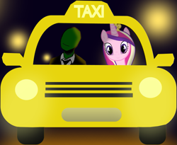 Size: 981x804 | Tagged: safe, anonymous artist, imported from derpibooru, princess cadance, oc, oc:anon, alicorn, human, car, night, smiling, streetlight, taxi