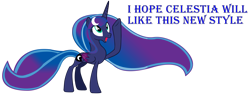 Size: 13891x5200 | Tagged: safe, artist:laszlvfx, artist:pegasski, edit, imported from derpibooru, vector edit, princess luna, alicorn, pony, absurd resolution, accessory-less edit, alternate hairstyle, base used, cute, female, happy, lunabetes, mare, missing accessory, open mouth, raised hoof, simple background, smiling, solo, text, transparent background, vector