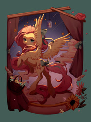 Size: 2249x3000 | Tagged: safe, artist:leafywind, imported from derpibooru, fluttershy, pegasus, pony, basket, bow, curtains, cute, female, flower, hair bow, jar, mare, shyabetes, solo, spread wings, stars, tail bow, wings