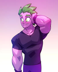 Size: 919x1137 | Tagged: safe, artist:bigdad, imported from derpibooru, spike, human, beefspike, fangs, gradient background, human spike, humanized, male, muscles, muscular male, older, older spike, pony coloring, solo