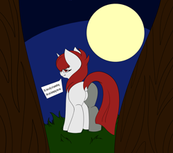 Size: 3023x2663 | Tagged: safe, artist:sundayrain, artist:the-narrator, imported from derpibooru, oc, oc only, oc:revy remilo, oc:revy(theunidentifiedchangeling), pony, unicorn, butt, dialogue, flank, forest, forest background, looking at you, looking back, looking back at you, moon, night, plot, simple coloring, solo, speech bubble