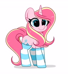 Size: 3746x4096 | Tagged: safe, artist:kittyrosie, imported from derpibooru, oc, oc only, oc:rosa flame, pony, unicorn, blushing, clothes, cute, ocbetes, simple background, socks, solo, striped socks, white background
