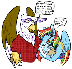 Size: 842x800 | Tagged: safe, artist:fastserve, imported from derpibooru, gilda, rainbow dash, oc, oc:blue skies blitz, anthro, griffon, hippogriff, pegasus, baby, clothes, crying, dialogue, family, female, gildash, hand on shoulder, interspecies offspring, lesbian, magical lesbian spawn, male, mother and child, mother and son, offspring, parent:gilda, parent:rainbow dash, parents:gildash, plaid shirt, shipping, shirt, simple background, speech bubble, tears of joy, transparent background, unmoving plaid