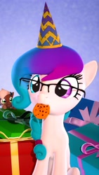 Size: 2304x4096 | Tagged: safe, artist:flushthebatsanta, imported from derpibooru, oc, oc only, oc:aurora starling, earth pony, pony, 2019, 3d, cookie, cute, duo, female, food, gift art, glasses, hat, heterochromia, looking at you, party hat, present, simple background, sitting, source filmmaker, tail