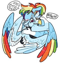 Size: 764x800 | Tagged: safe, artist:fastserve, imported from derpibooru, rainbow dash, oc, oc:blue skies blitz, anthro, earth pony, hippogriff, colored wings, colored wingtips, crying, dialogue, female, hug, interspecies offspring, magical lesbian spawn, male, mother and child, mother and son, multicolored wings, offspring, parent:gilda, parent:rainbow dash, parents:gildash, rainbow wings, simple background, speech bubble, spread wings, teary eyes, transparent background, winghug, wings