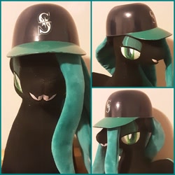Size: 3464x3464 | Tagged: artist needed, safe, imported from derpibooru, queen chrysalis, changeling, changeling queen, collage, female, hat, irl, photo, plushie, seattle mariners, smiling, wingless