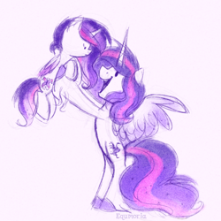 Size: 1024x1024 | Tagged: safe, artist:equmoria, imported from derpibooru, oc, oc:alnair, oc:majestic loveliness (majesta), alicorn, pony, alicorn oc, female, holding a pony, hoof hold, horn, looking at each other, mare, mother and child, mother and daughter, open mouth, unshorn fetlocks, wings