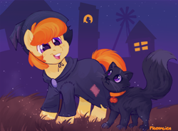 Size: 1150x845 | Tagged: safe, artist:pigeorgien, imported from derpibooru, oc, oc only, oc:mrs. fluff, oc:pumpkin jam, cat, pony, cute, cuteness overload, diabetes, farm, female, filly, freckles, hat, night, nightmare night, ocbetes, open mouth, pigeorgien is trying to murder us, pumpkin, sparkles, sweet dreams fuel, unshorn fetlocks, witch costume, witch hat