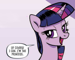 Size: 500x400 | Tagged: safe, artist:pencils, imported from derpibooru, twilight sparkle, alicorn, pony, spoiler:comic, spoiler:comic94, cropped, female, it's good to be princess, mare, open mouth, reaction image, royalty, season 10, solo, speech bubble, twilight sparkle (alicorn)