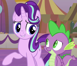 Size: 800x690 | Tagged: safe, imported from derpibooru, screencap, spike, starlight glimmer, dragon, pony, unicorn, memories and more, the last problem, spoiler:memories and more, cropped, duo, female, looking at each other, male, mare, winged spike, wings