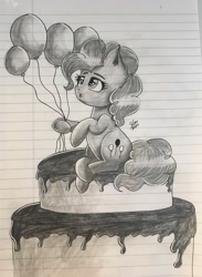 Size: 2954x4032 | Tagged: safe, artist:galaxy swirl, imported from derpibooru, pinkie pie, earth pony, pony, balloon, cake, food, solo