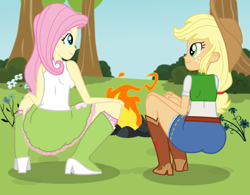 Size: 1960x1530 | Tagged: safe, alternate version, artist:lightning_musicwave, imported from derpibooru, applejack, fluttershy, equestria girls, campfire, clothes, duo, duo female, female, forest, looking at each other, squatting