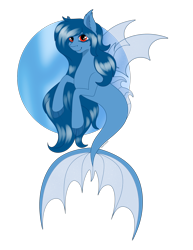 Size: 2028x2624 | Tagged: safe, artist:ashestoashkar, imported from derpibooru, oc, oc only, oc:tazzee, bat pony, merpony, seapony (g4), bat pony oc, bat wings, blue mane, commission, fin wings, fins, fish tail, ocean, simple background, smiling, species swap, tail, transparent background, transparent wings, underwater, water, wings, ych result