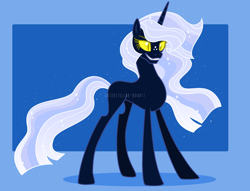Size: 2512x1916 | Tagged: safe, artist:interstellar-quartz, imported from derpibooru, oc, oc only, oc:silverlay, pony, unicorn, eyebrows, female, grin, high res, horn, mare, possessed, signature, smiling, solo, sparkly mane, sparkly tail, tail, unicorn oc