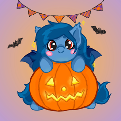 Size: 1920x1920 | Tagged: safe, artist:tavachan, imported from derpibooru, oc, oc only, oc:tazzee, bat pony, pony, bat pony oc, bat wings, blush sticker, blushing, c:, commission, gradient background, halloween, holiday, jack-o-lantern, pumpkin, simple background, smiling, solo, wings, ych result