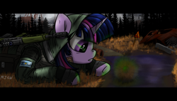 Size: 3000x1700 | Tagged: safe, artist:mjsw, imported from derpibooru, twilight sparkle, pony, unicorn, clothes, female, gun, letterboxing, magical artifact, mare, s.t.a.l.k.e.r., solo, stalker, unicorn twilight, weapon