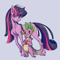 Size: 2308x2295 | Tagged: safe, artist:1an1, imported from derpibooru, spike, twilight sparkle, dragon, pony, unicorn, chest fluff, cute, female, gem, glasses, male, mare, round glasses, simple background, smiling, spikabetes, unicorn twilight