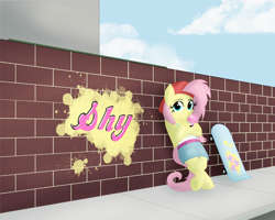 Size: 2500x2000 | Tagged: safe, artist:sixes&sevens, imported from derpibooru, fluttershy, pegasus, pony, 90s grunge fluttershy, backwards ballcap, baseball cap, bipedal, bipedal leaning, brick wall, bubblegum, cap, crossed arms, crossed legs, female, food, graffiti, gum, hat, leaning, leaning back, looking at you, sidewalk, skateboard, solo, solo female