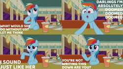 Size: 2000x1125 | Tagged: safe, edit, edited screencap, editor:quoterific, imported from derpibooru, screencap, honey curls, mare e. lynn, rainbow dash, pegasus, pony, the saddle row review, drink, female, imitation, rainbow fash, solo