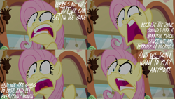 Size: 2000x1125 | Tagged: safe, edit, edited screencap, editor:quoterific, imported from derpibooru, screencap, fluttershy, pegasus, pony, buckball season, female, freakout, open mouth, solo