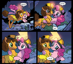 Size: 682x600 | Tagged: safe, artist:pencils, idw, imported from derpibooru, cheese sandwich, pinkie pie, earth pony, pony, spoiler:comic, spoiler:comic94, blushing, cheesepie, comic, female, hard hat, male, mare, season 10, shipping, stallion, straight