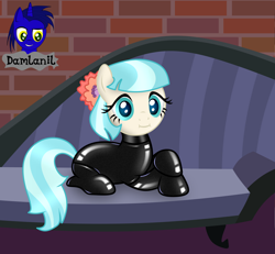 Size: 4154x3840 | Tagged: safe, artist:damlanil, imported from derpibooru, coco pommel, earth pony, pony, :i, catsuit, clothes, couch, cute, female, latex, latex suit, looking at you, lying down, mare, prone, rubber, shiny, show accurate, solo, suit, vector