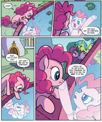 Size: 666x791 | Tagged: safe, artist:pencils, idw, imported from derpibooru, cheese sandwich, pinkie pie, earth pony, pony, unicorn, spoiler:comic, spoiler:comic94, angry, boop, cartoon physics, female, implied cheesepie, implied shipping, implied straight, nose wrinkle, noseboop, open mouth, pinkie being pinkie, pinkie physics, reflection, sad, scrunchy face, season 10, self-boop, sitting, solo