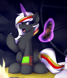 Size: 1500x1750 | Tagged: safe, artist:shadowreindeer, imported from derpibooru, oc, oc only, oc:velvet remedy, pony, unicorn, fallout equestria, fanfic, fanfic art, female, glowing horn, horn, levitation, magic, mare, nuka cola, open mouth, pipbuck, sitting, smiling, solo, sparkle cola, telekinesis