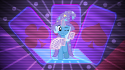 Size: 3840x2160 | Tagged: safe, artist:jhayarr23, artist:laszlvfx, edit, imported from derpibooru, trixie, pony, unicorn, female, glowing horn, hat, horn, magic, mare, one eye closed, playing card, smiling, solo, telekinesis, wallpaper, wallpaper edit, wink