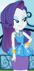 Size: 989x2045 | Tagged: safe, imported from derpibooru, screencap, rarity, equestria girls, equestria girls series, sock it to me, spoiler:eqg series (season 2), canterlot high, clothes, cropped, cute, diamond, dress, female, geode of shielding, gold, hand on hip, jewelry, legs, lidded eyes, magical geodes, makeup, necklace, outdoors, pencil skirt, raribetes, rarity peplum dress, skirt, sleeveless, smiling, soccer field, sock it to me: rarity, waistband, wrist cuffs