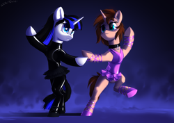 Size: 3100x2200 | Tagged: safe, artist:shido-tara, imported from derpibooru, oc, oc only, oc:chloe adore, oc:coldlight bluestar, ballerina, ballet shoes, ballet slippers, collar, commission, dancing, latex, latex suit, looking at each other, simple background