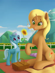 Size: 3543x4724 | Tagged: safe, artist:lin feng, imported from derpibooru, sunflower spectacle, trixie, pony, unicorn, cute, diatrixes, female, filly, filly trixie, flower, like mother like daughter, like parent like child, magic, mare, mother and child, mother and daughter, sunflower, young, younger