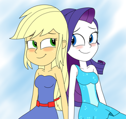Size: 3441x3249 | Tagged: safe, artist:eagc7, imported from derpibooru, applejack, rarity, equestria girls, bare shoulders, blushing, cute, fall formal outfits, female, females only, holding hands, jackabetes, lesbian, raribetes, rarijack, shipping, simple background, sleeveless, smiling, strapless
