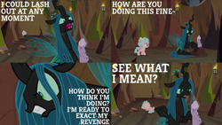 Size: 2000x1125 | Tagged: safe, edit, edited screencap, editor:quoterific, imported from derpibooru, screencap, cozy glow, mean twilight sparkle, queen chrysalis, changeling, changeling queen, pegasus, pony, frenemies (episode), angry, female, filly, log, nose in the air, open mouth