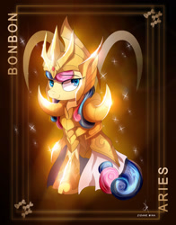 Size: 1920x2444 | Tagged: safe, artist:zidanemina, imported from derpibooru, bon bon, sweetie drops, pony, absurd resolution, anime crossover, aries, armor, black background, crossover, gold, gold saint, looking at you, saint seiya, simple background, solo, zodiac