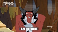 Size: 895x500 | Tagged: safe, edit, edited screencap, imported from derpibooru, screencap, lord tirek, centaur, angry, blatant lies, bracer, caption, crossed arms, cute, discovery family logo, evil lair, frown, grogar's lair, grumpy, i'm not cute, image macro, imgflip, lair, madorable, male, nose piercing, nose ring, piercing, septum piercing, solo, text, tirebetes, tirek is not amused, waterfall