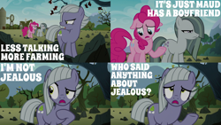 Size: 2000x1125 | Tagged: safe, edit, edited screencap, editor:quoterific, imported from derpibooru, screencap, limestone pie, marble pie, pinkie pie, earth pony, pony, the maud couple, angry, dialogue, female, i'm not jealous limestone, mare, open mouth, rock, rock farm, squint, stare, tree, trio, trio female