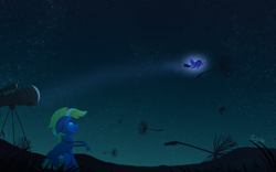 Size: 4500x2800 | Tagged: safe, artist:bearmation, artist:heavysplatter, imported from derpibooru, star tracker, twilight sparkle, alicorn, earth pony, pony, colt, cute, dandelion, featured image, female, floppy ears, flying, high res, looking at each other, looking up, male, mare, night, shipping, sitting, smiling, stallion, stargazing, stars, straight, sweet dreams fuel, telescope, trackerbetes, twiabetes, twilight sparkle (alicorn), twitracker