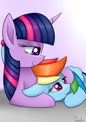 Size: 2480x3507 | Tagged: safe, artist:twidasher, imported from derpibooru, rainbow dash, twilight sparkle, pegasus, pony, chest fluff, duo, feather, female, floppy ears, hug, lesbian, shipping, signature, smiling, twidash