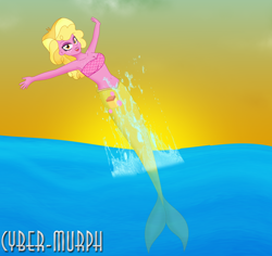 Size: 2488x2344 | Tagged: safe, artist:cyber-murph, imported from derpibooru, taffy shade, mermaid, series:cyber-murph's mermaids, equestria girls, equestria girls series, friendship games, arms wide open, background human, belly, belly button, body freckles, freckles, mermaidized, midriff, ocean, scale top, scales, signature, solo, species swap, splash, sunset, tube top