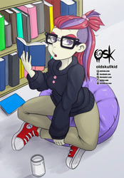 Size: 1395x2000 | Tagged: safe, artist:oldskullkid, imported from derpibooru, moondancer, equestria girls, book, bookshelf, bookworm, bushy brows, clothes, converse, equestria girls-ified, female, glass of milk, glasses, library, looking at you, milk, open mouth, quizzical, reading, shoes, sidecut, sitting, solo, sweater, thick eyebrows, undercut