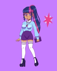 Size: 1080x1350 | Tagged: safe, artist:theapplequeenmaniac2, imported from derpibooru, twilight sparkle, human, book, clothes, dark skin, ear piercing, earring, eyelashes, female, high heels, humanized, jewelry, necklace, piercing, platform heel, purple background, ring, shoes, shorts, signature, simple background, socks, solo, stockings, thigh highs