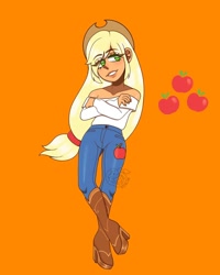 Size: 1080x1350 | Tagged: safe, artist:theapplequeenmaniac2, imported from derpibooru, applejack, human, boots, clothes, crossed arms, eye clipping through hair, eyelashes, female, grin, hat, high heel boots, humanized, orange background, pants, shoes, signature, simple background, smiling, solo