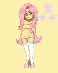 Size: 1080x1350 | Tagged: safe, artist:theapplequeenmaniac2, imported from derpibooru, fluttershy, human, arm behind back, blushing, clothes, ear piercing, earring, eyelashes, female, humanized, jewelry, piercing, shoes, signature, simple background, socks, solo, thigh highs, yellow background