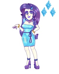 Size: 1080x1350 | Tagged: safe, artist:theapplequeenmaniac2, imported from derpibooru, rarity, human, bracelet, clothes, dress, ear piercing, eyelashes, female, hand on hip, high heels, humanized, jewelry, makeup, piercing, shoes, signature, simple background, skirt, smiling, solo, white background