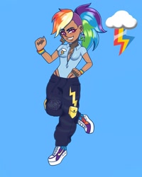 Size: 1080x1350 | Tagged: safe, artist:theapplequeenmaniac2, imported from derpibooru, rainbow dash, human, alternate hairstyle, blue background, bracelet, clothes, cutie mark, cutie mark on clothes, dark skin, ear piercing, eyelashes, female, grin, humanized, jewelry, necklace, panties, pants, piercing, shoes, signature, simple background, smiling, solo, thong, underwear